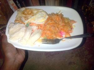 fermented vegetables, ugali and eggs which took me 5 min to whip up :)